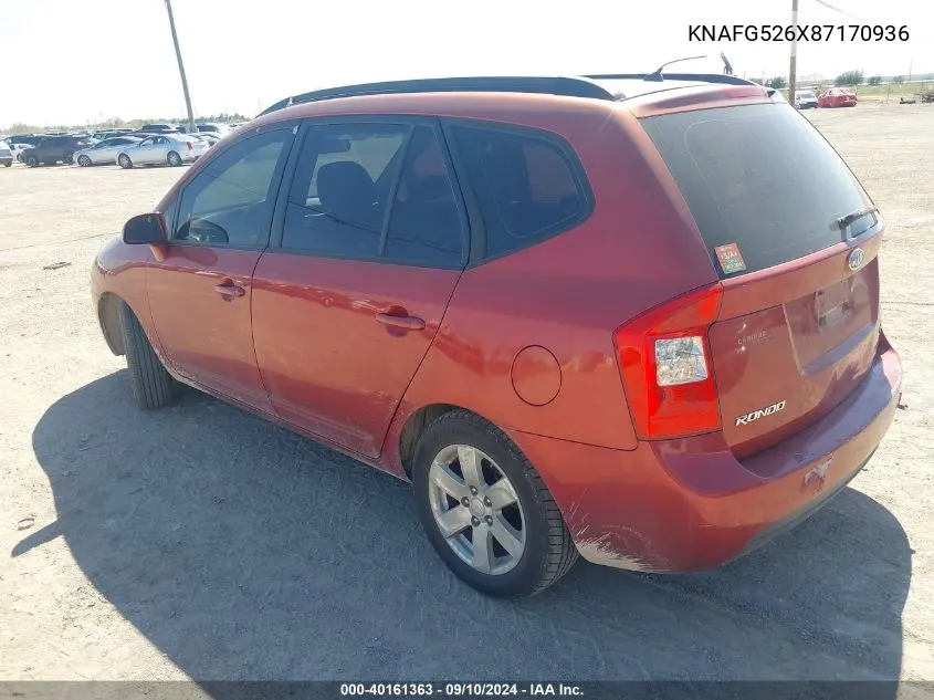 2008 Kia Rondo Lx V6 VIN: KNAFG526X87170936 Lot: 40161363