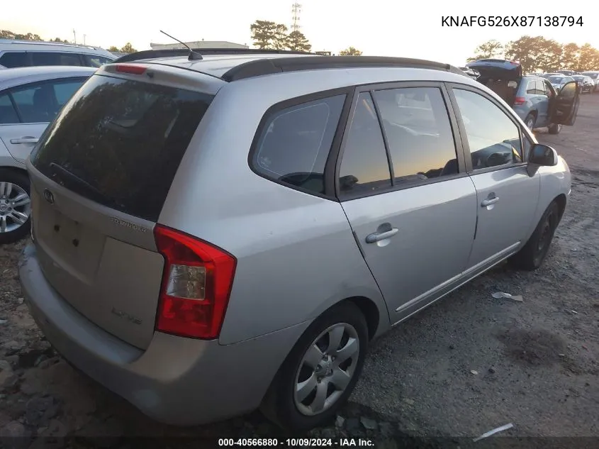 2008 Kia Rondo Lx V6 VIN: KNAFG526X87138794 Lot: 40566880