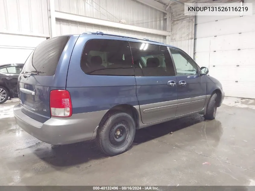 2002 Kia Sedona Ex/Lx VIN: KNDUP131526116219 Lot: 40132496