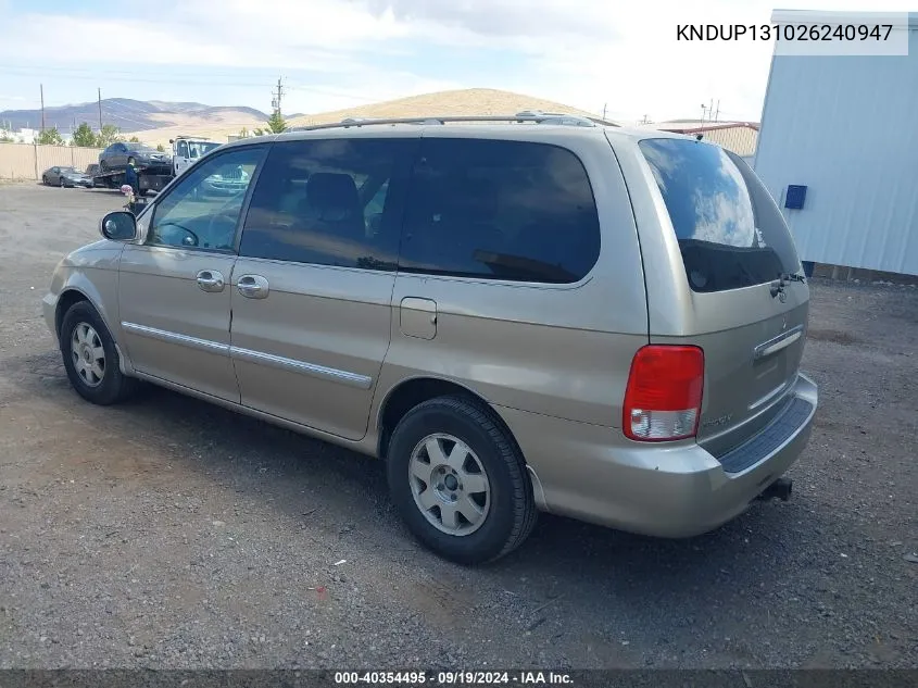 2002 Kia Sedona Ex/Lx VIN: KNDUP131026240947 Lot: 40354495