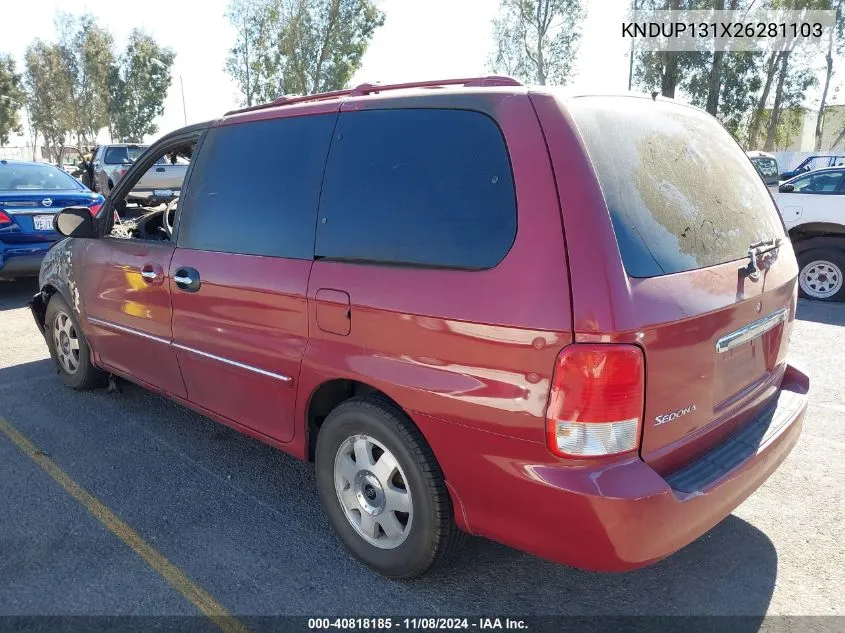 2002 Kia Sedona Ex/Lx VIN: KNDUP131X26281103 Lot: 40818185