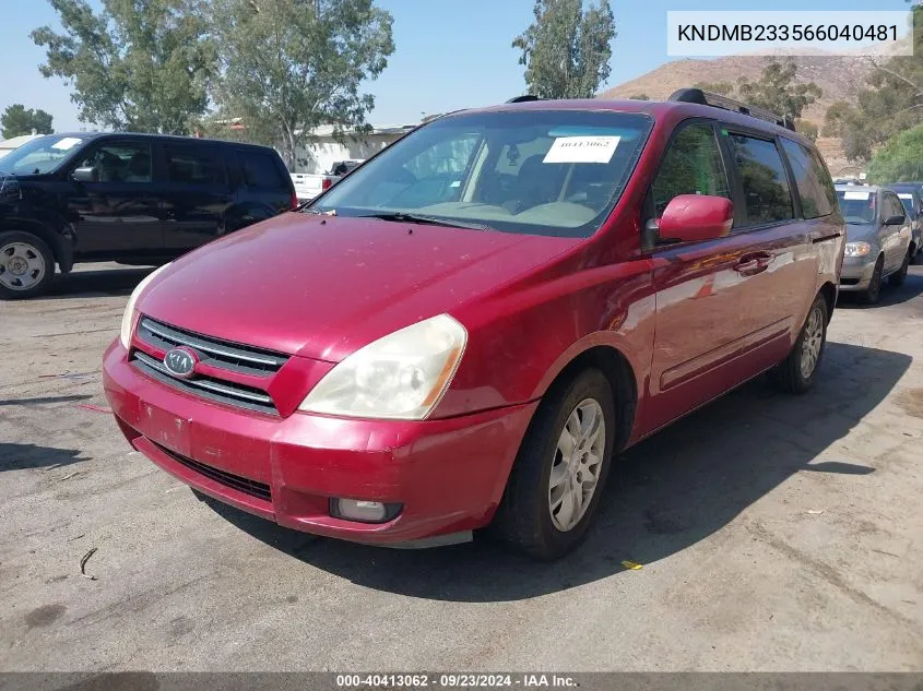 2006 Kia Sedona Ex/Lx VIN: KNDMB233566040481 Lot: 40413062