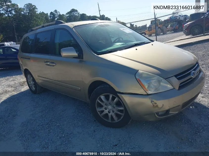 2006 Kia Sedona Ex/Lx VIN: KNDMB233166016887 Lot: 40678915