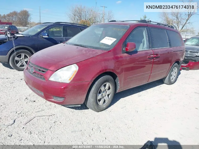 2007 Kia Sedona Lx VIN: KNDMB233476174318 Lot: 40783987