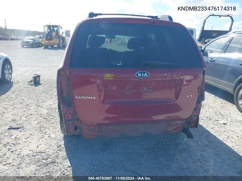 2007 Kia Sedona Lx VIN: KNDMB233476174318 Lot: 40783987