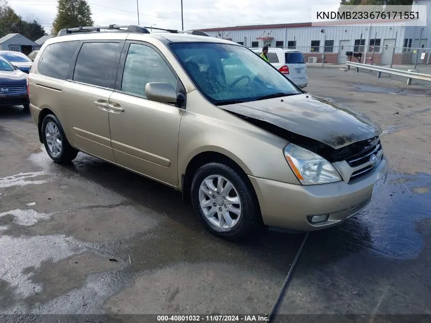 2007 Kia Sedona Ex VIN: KNDMB233676171551 Lot: 40801032