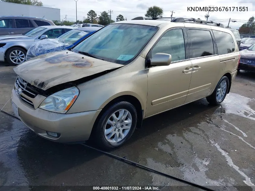 2007 Kia Sedona Ex VIN: KNDMB233676171551 Lot: 40801032