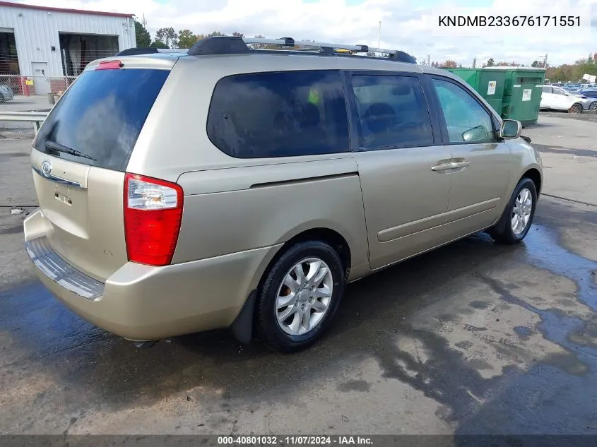 2007 Kia Sedona Ex VIN: KNDMB233676171551 Lot: 40801032