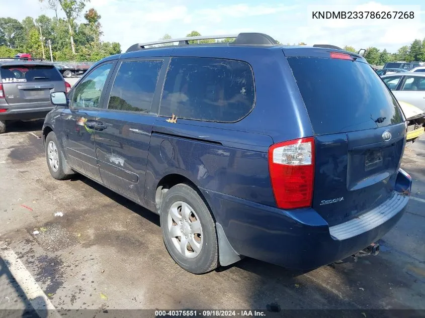 2008 Kia Sedona Ex/Lx VIN: KNDMB233786267268 Lot: 40375551