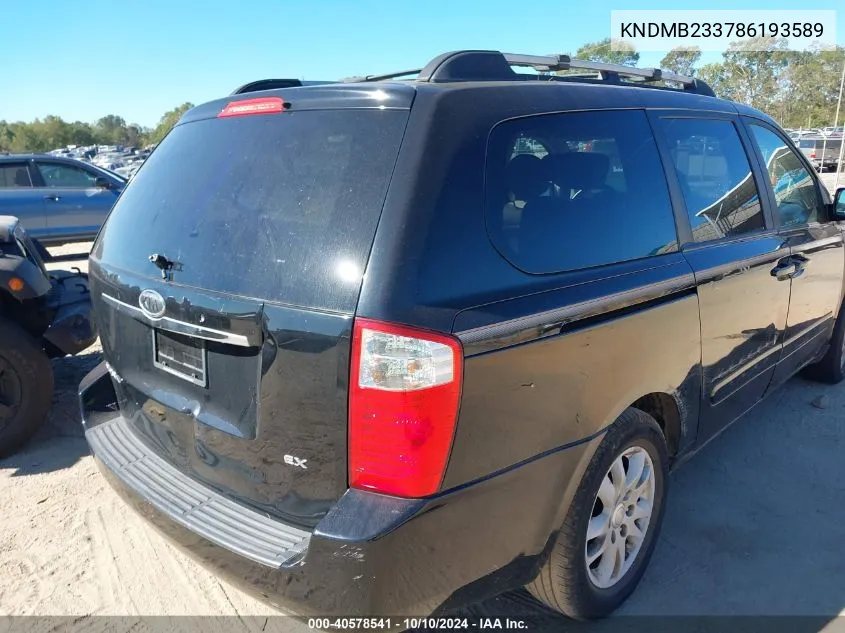 2008 Kia Sedona Ex VIN: KNDMB233786193589 Lot: 40578541