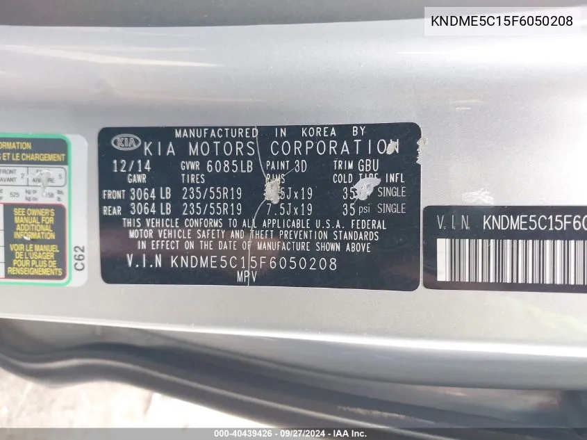 2015 Kia Sedona Sx Luxury VIN: KNDME5C15F6050208 Lot: 40439426