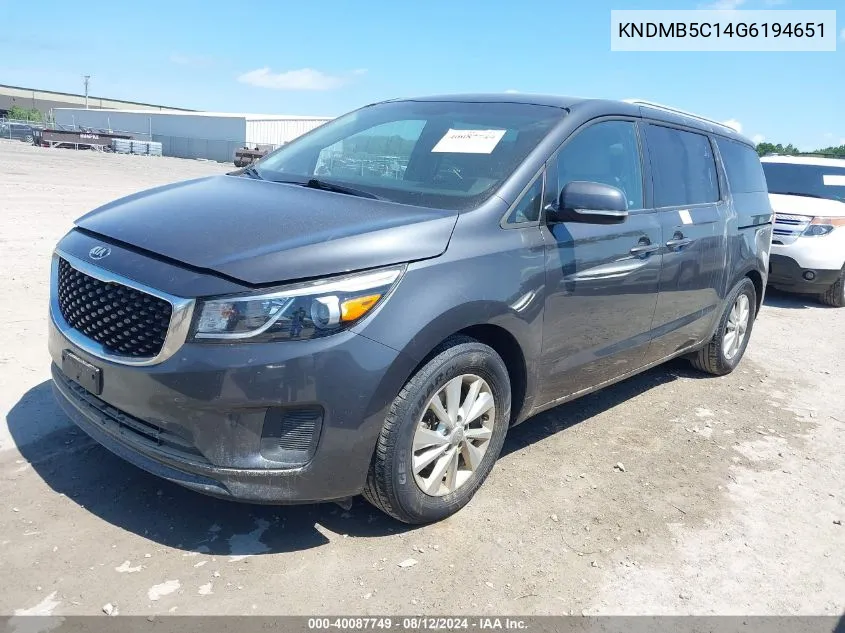 2016 Kia Sedona Lx VIN: KNDMB5C14G6194651 Lot: 40087749