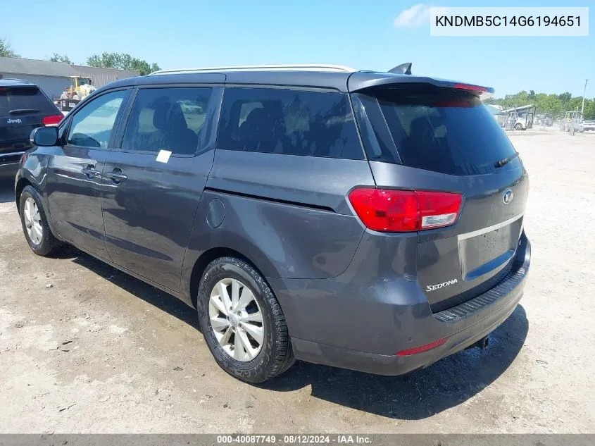 2016 Kia Sedona Lx VIN: KNDMB5C14G6194651 Lot: 40087749