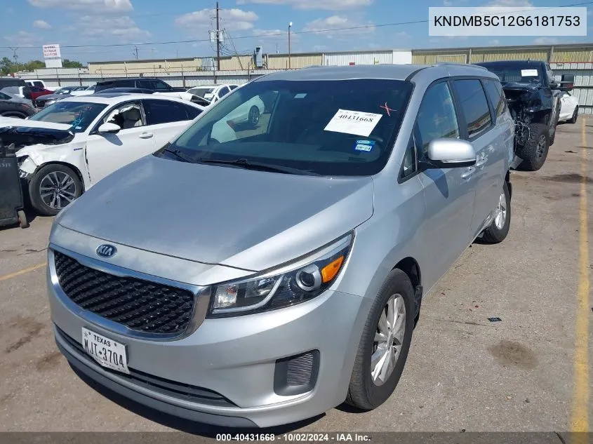 2016 Kia Sedona Lx VIN: KNDMB5C12G6181753 Lot: 40431668