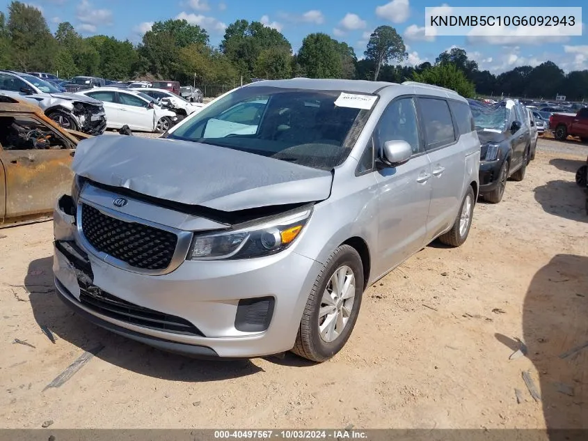 2016 Kia Sedona Lx VIN: KNDMB5C10G6092943 Lot: 40497567