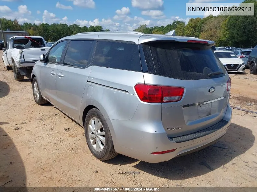 2016 Kia Sedona Lx VIN: KNDMB5C10G6092943 Lot: 40497567