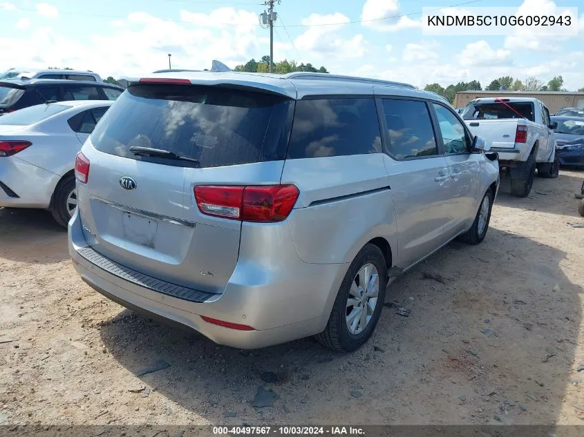 2016 Kia Sedona Lx VIN: KNDMB5C10G6092943 Lot: 40497567