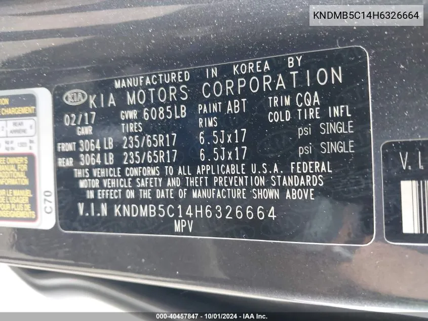 KNDMB5C14H6326664 2017 Kia Sedona Lx