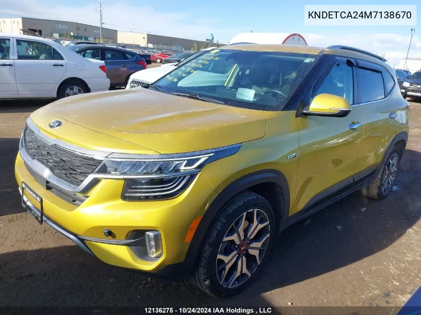 2021 Kia Seltos VIN: KNDETCA24M7138670 Lot: 12136275