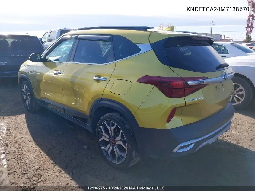 2021 Kia Seltos VIN: KNDETCA24M7138670 Lot: 12136275