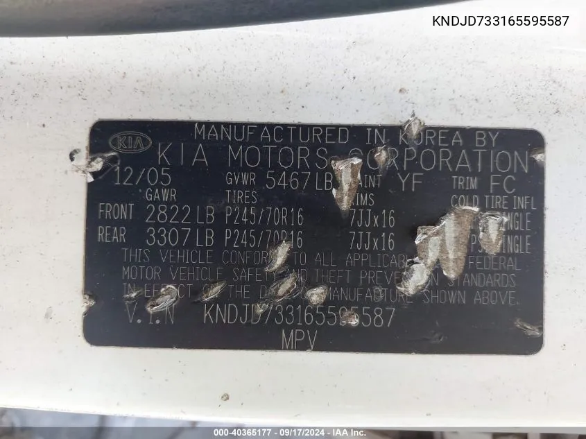 KNDJD733165595587 2006 Kia Sorento Ex/Lx