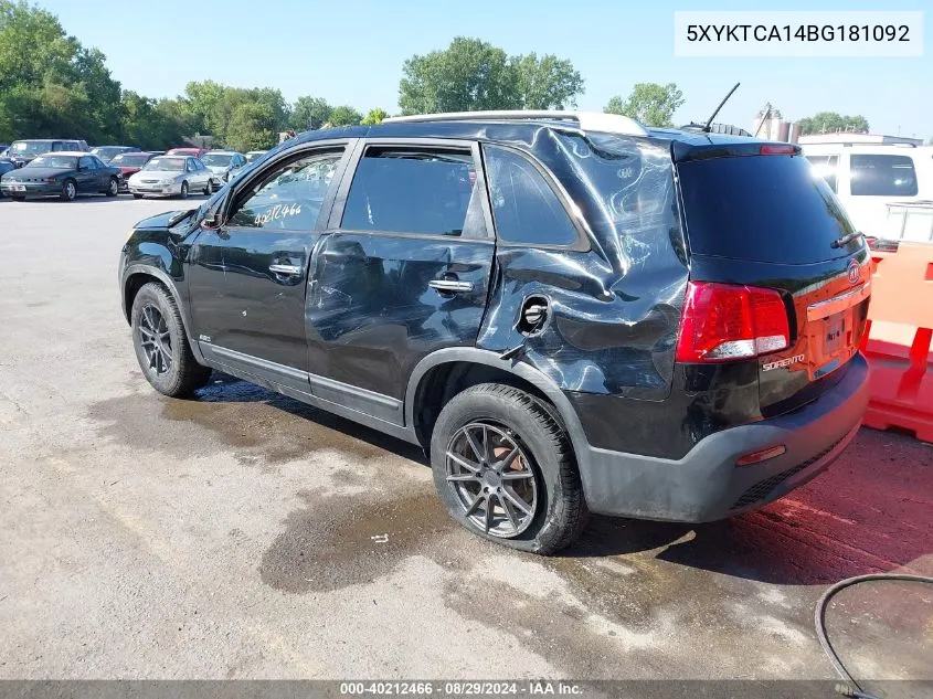 2011 Kia Sorento Lx VIN: 5XYKTCA14BG181092 Lot: 40212466