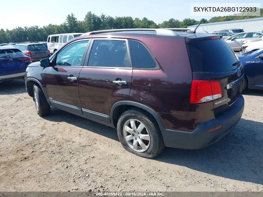 2011 Kia Sorento Lx V6 VIN: 5XYKTDA26BG122933 Lot: 40359822