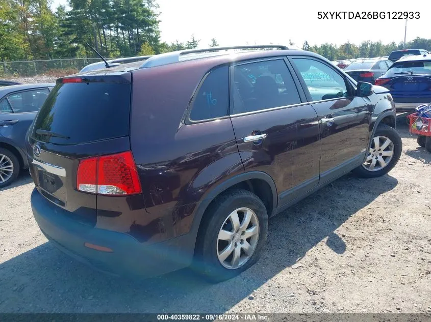 2011 Kia Sorento Lx V6 VIN: 5XYKTDA26BG122933 Lot: 40359822