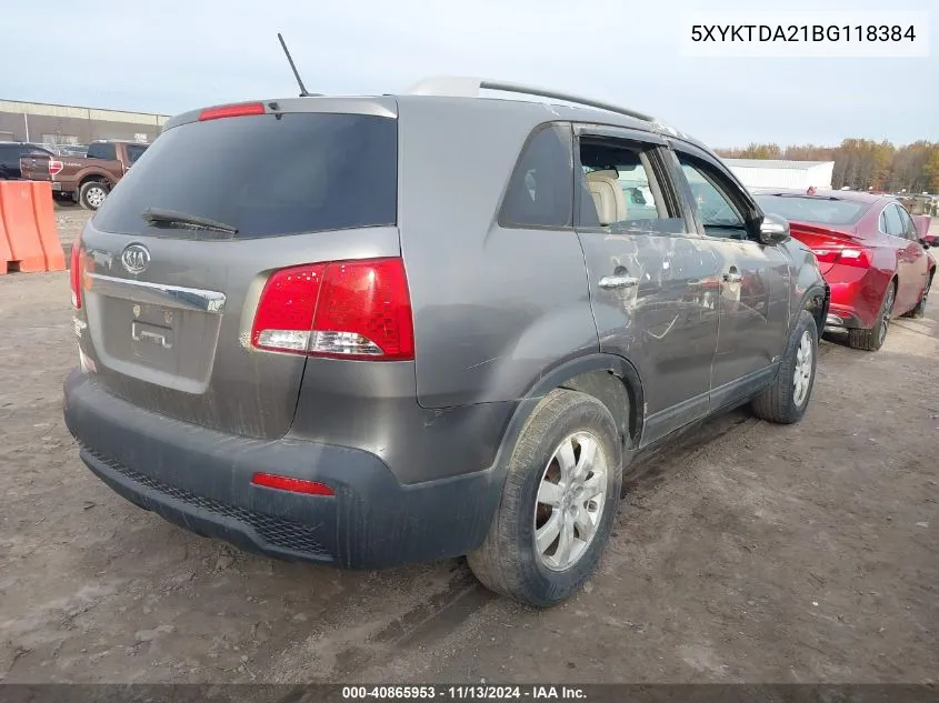 2011 Kia Sorento Lx V6 VIN: 5XYKTDA21BG118384 Lot: 40865953