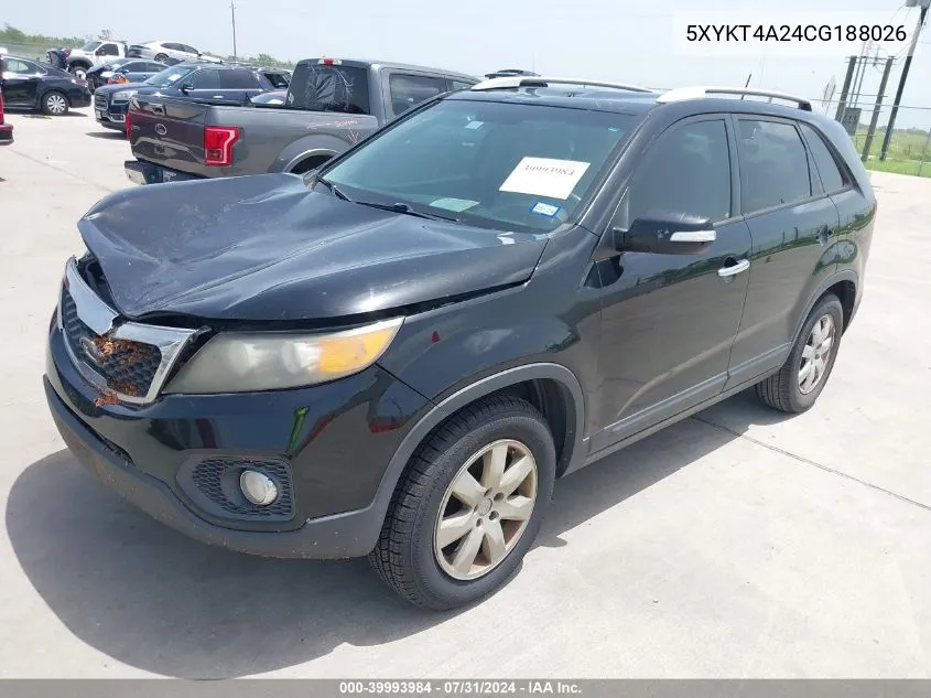 2012 Kia Sorento Lx V6 VIN: 5XYKT4A24CG188026 Lot: 39993984