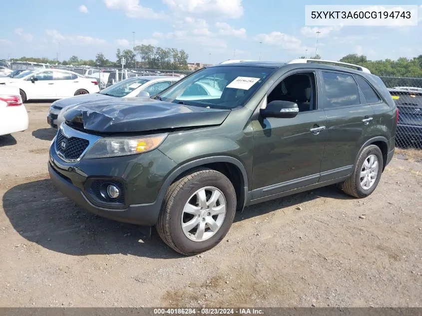 2012 Kia Sorento Lx VIN: 5XYKT3A60CG194743 Lot: 40186284