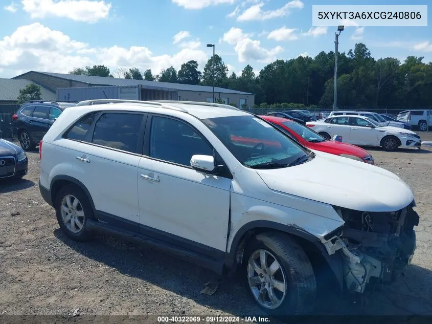 2012 Kia Sorento Lx VIN: 5XYKT3A6XCG240806 Lot: 40322069