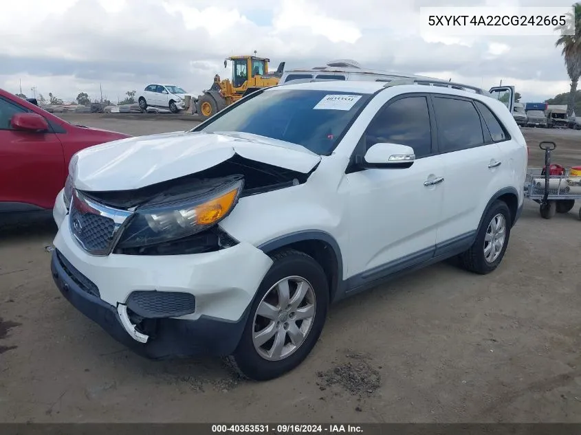 2012 Kia Sorento Lx V6 VIN: 5XYKT4A22CG242665 Lot: 40353531