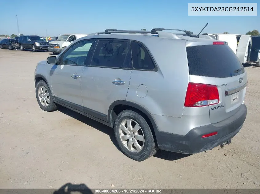 2012 Kia Sorento Lx V6 VIN: 5XYKTDA23CG242514 Lot: 40634265