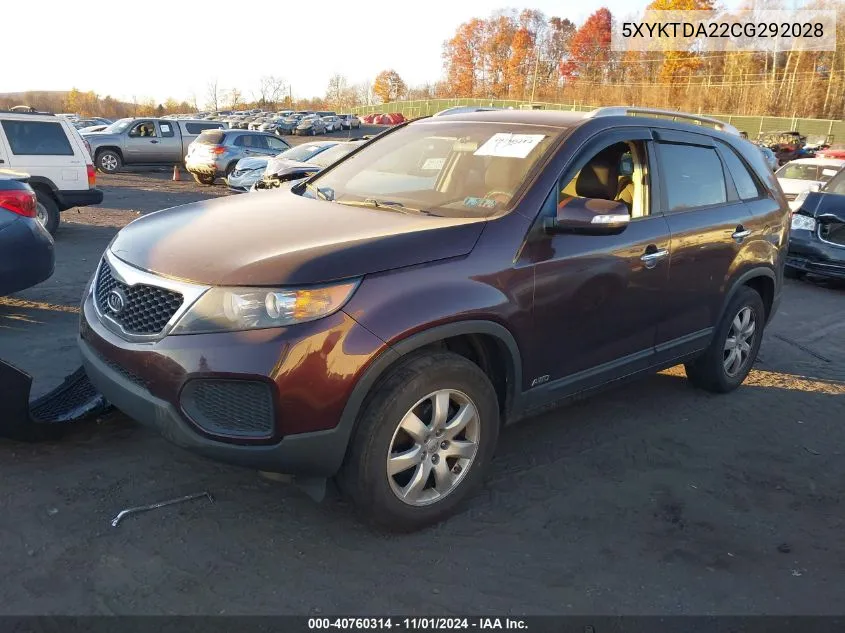 2012 Kia Sorento Lx V6 VIN: 5XYKTDA22CG292028 Lot: 40760314