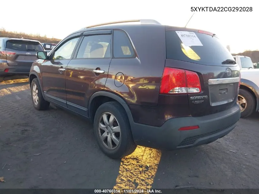 2012 Kia Sorento Lx V6 VIN: 5XYKTDA22CG292028 Lot: 40760314