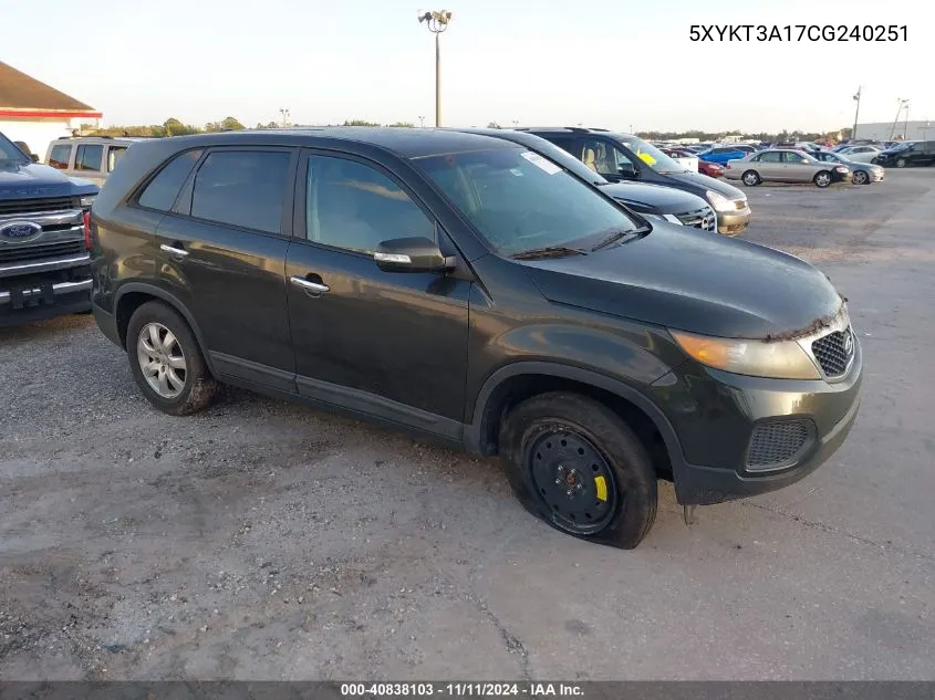 2012 Kia Sorento Lx VIN: 5XYKT3A17CG240251 Lot: 40838103