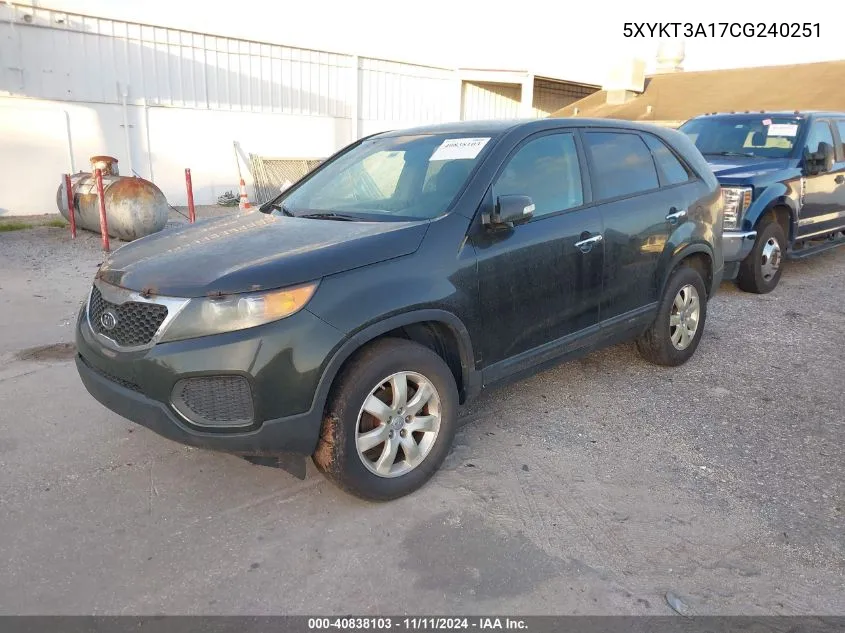 2012 Kia Sorento Lx VIN: 5XYKT3A17CG240251 Lot: 40838103