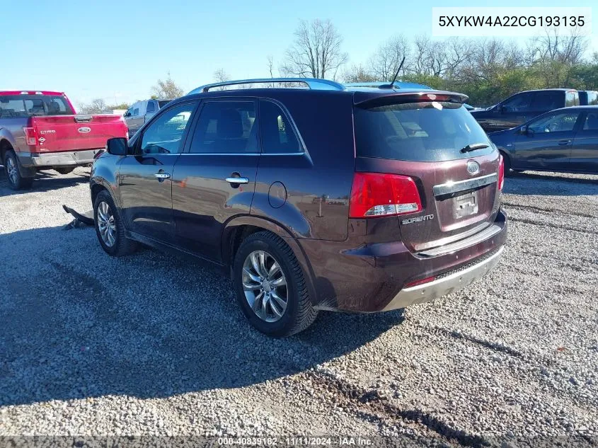 2012 Kia Sorento Sx V6 VIN: 5XYKW4A22CG193135 Lot: 40839182