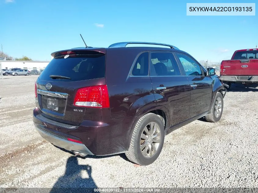 2012 Kia Sorento Sx V6 VIN: 5XYKW4A22CG193135 Lot: 40839182