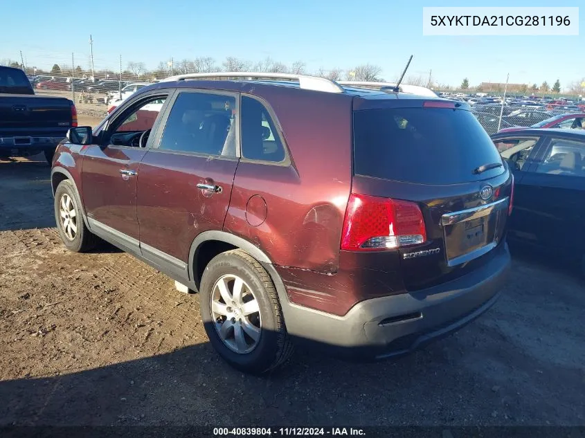 2012 Kia Sorento Lx V6 VIN: 5XYKTDA21CG281196 Lot: 40839804