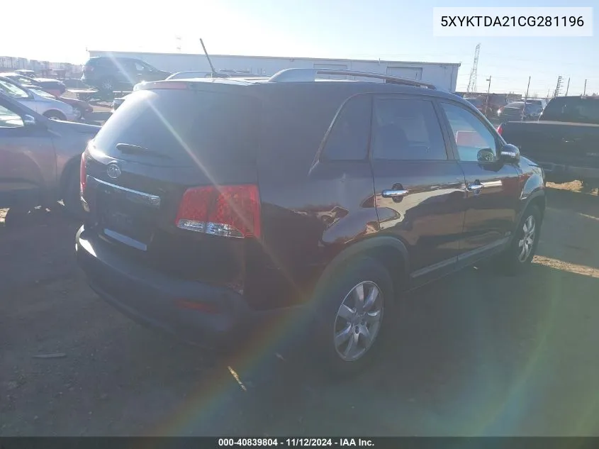 2012 Kia Sorento Lx V6 VIN: 5XYKTDA21CG281196 Lot: 40839804