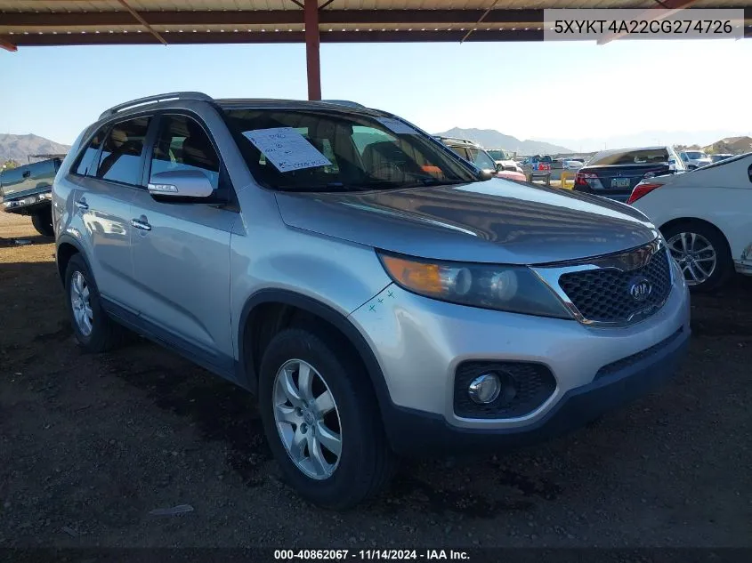 2012 Kia Sorento Lx V6 VIN: 5XYKT4A22CG274726 Lot: 40862067