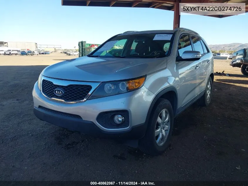 2012 Kia Sorento Lx V6 VIN: 5XYKT4A22CG274726 Lot: 40862067