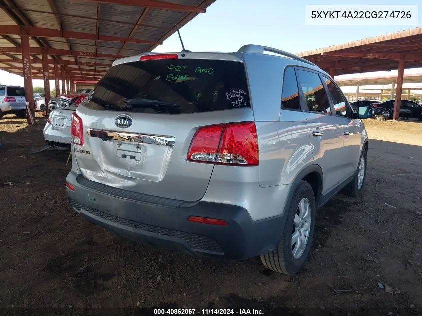 2012 Kia Sorento Lx V6 VIN: 5XYKT4A22CG274726 Lot: 40862067