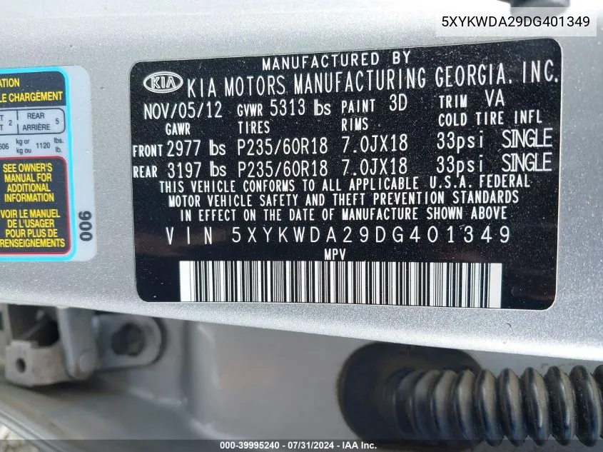 5XYKWDA29DG401349 2013 Kia Sorento Sx V6