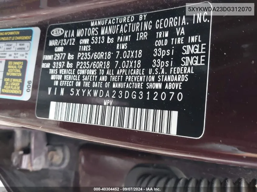 5XYKWDA23DG312070 2013 Kia Sorento Sx V6