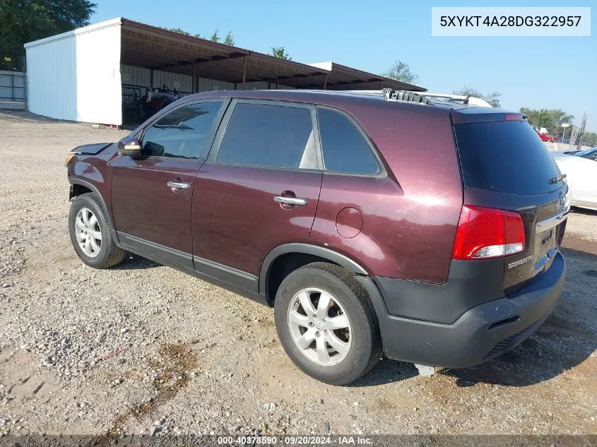 2013 Kia Sorento Lx V6 VIN: 5XYKT4A28DG322957 Lot: 40378590