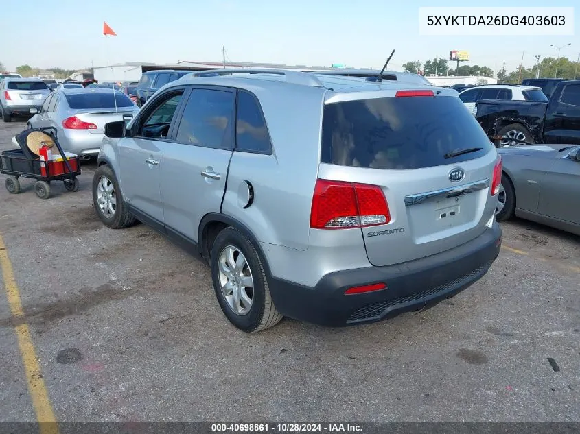 2013 Kia Sorento Lx V6 VIN: 5XYKTDA26DG403603 Lot: 40698861