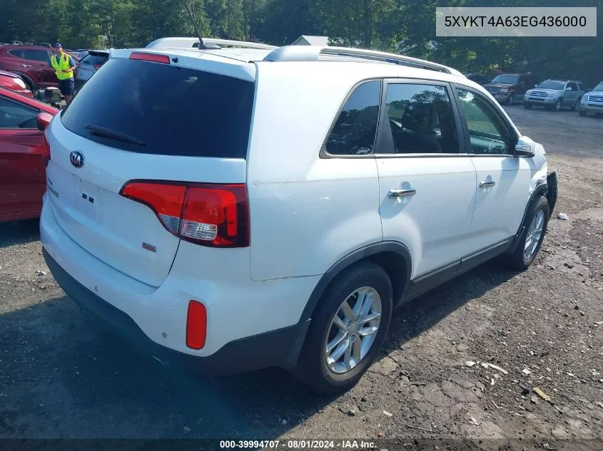 2014 Kia Sorento Lx VIN: 5XYKT4A63EG436000 Lot: 39994707